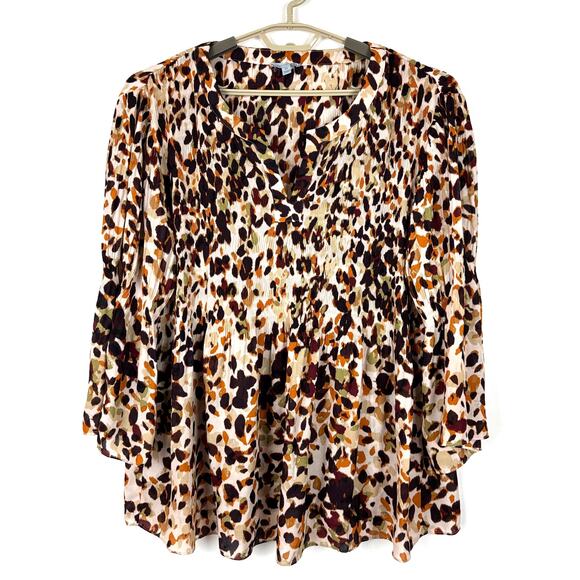 floral & ivy woman 2X Brown animal print blouse top bell sleeve v-neck - Picture 1 of 8